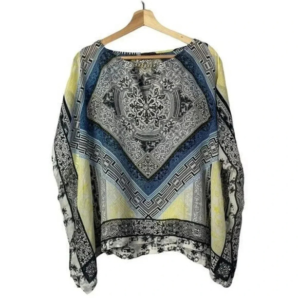 Hale Bob Blue & Yellow Kaftan Boxy Silk Short Sleeve Blouse XS - Picture 1 of 5